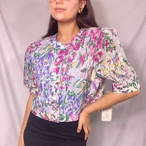 Vintage 80s Jackie and Eric floral print pleated puff sleeve blazer top Size 14